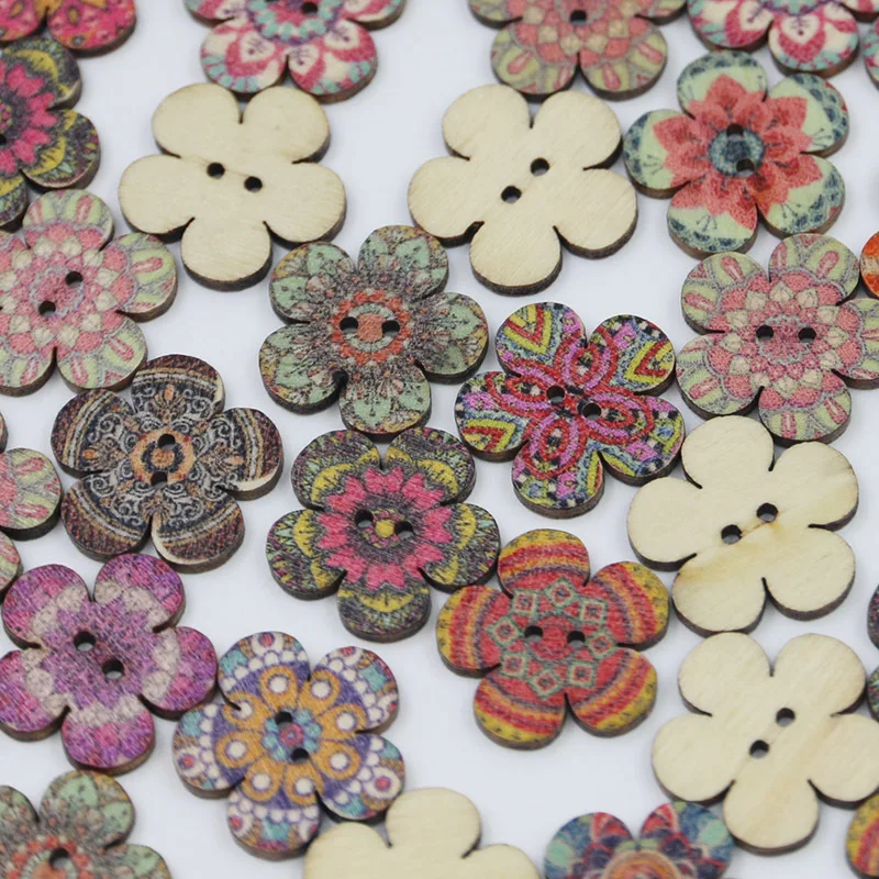 (50 Pcs/pack) 2cm Vintage Plum Blossom Buttons 2-hole Wooden Button Craft Sewing Scrapbook DIY Decoration Vintage Color Printing