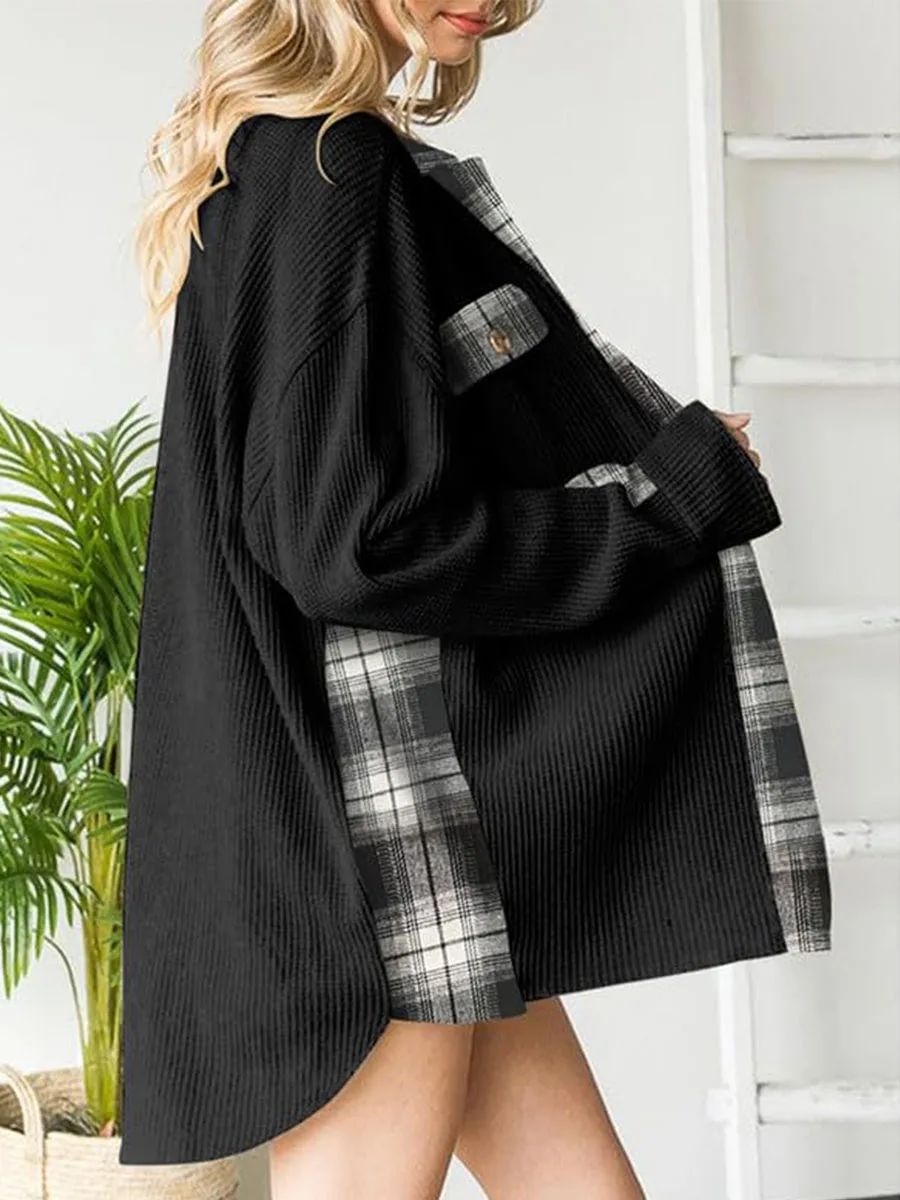 Frauen Waffel Plaid Patchwork Shirt Frühling Herbst Strick Loose Fit Langarm Mantel Tops Button Down Revers Kragen Jacke