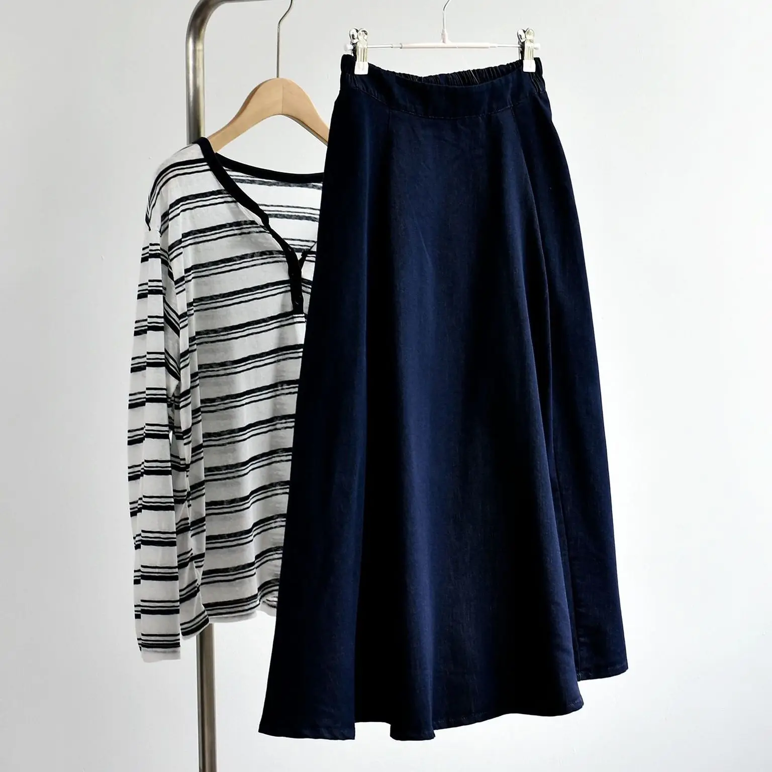 

Хлопковая джинсовая юбка-миди для женщин, летняя, с эластичной талией, элегантная, для повседневной носки, А-силуэт, плиссированная, драпированная