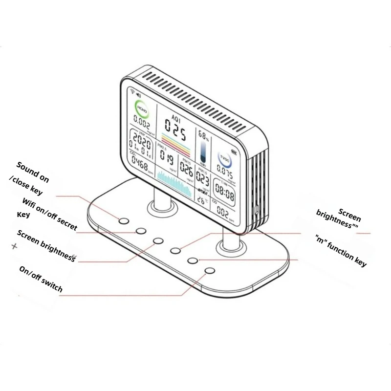 أحدث التطبيق الذكي على الجدران لسطح المكتب المنزلي يتحكم في الفورمالديهايد PM2.5 أول أكسيد الكربون كاشف الهواء الداخلي متعدد الوظائف