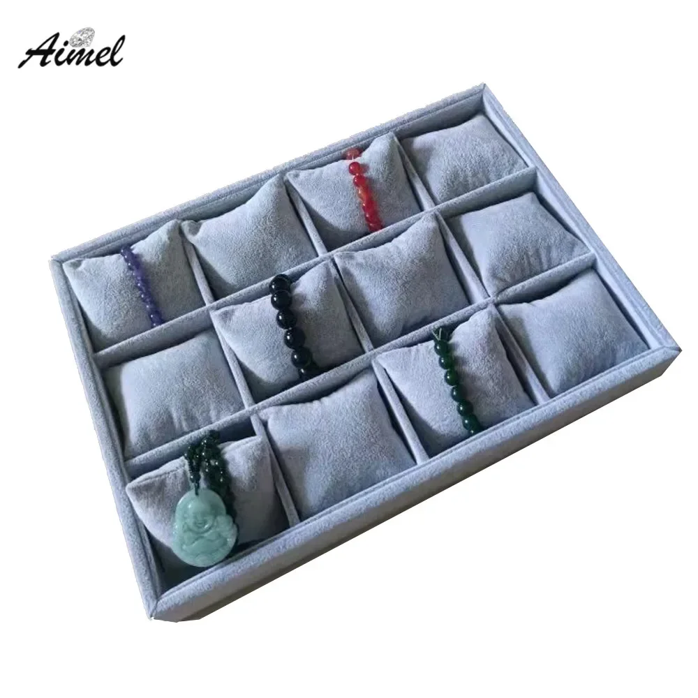 Velvet Bracelet Jewelry Display Tray 12Grid Watch Storage Box Bangle Necklace Chain Pillow Holder Earring Pendant Organizer Case