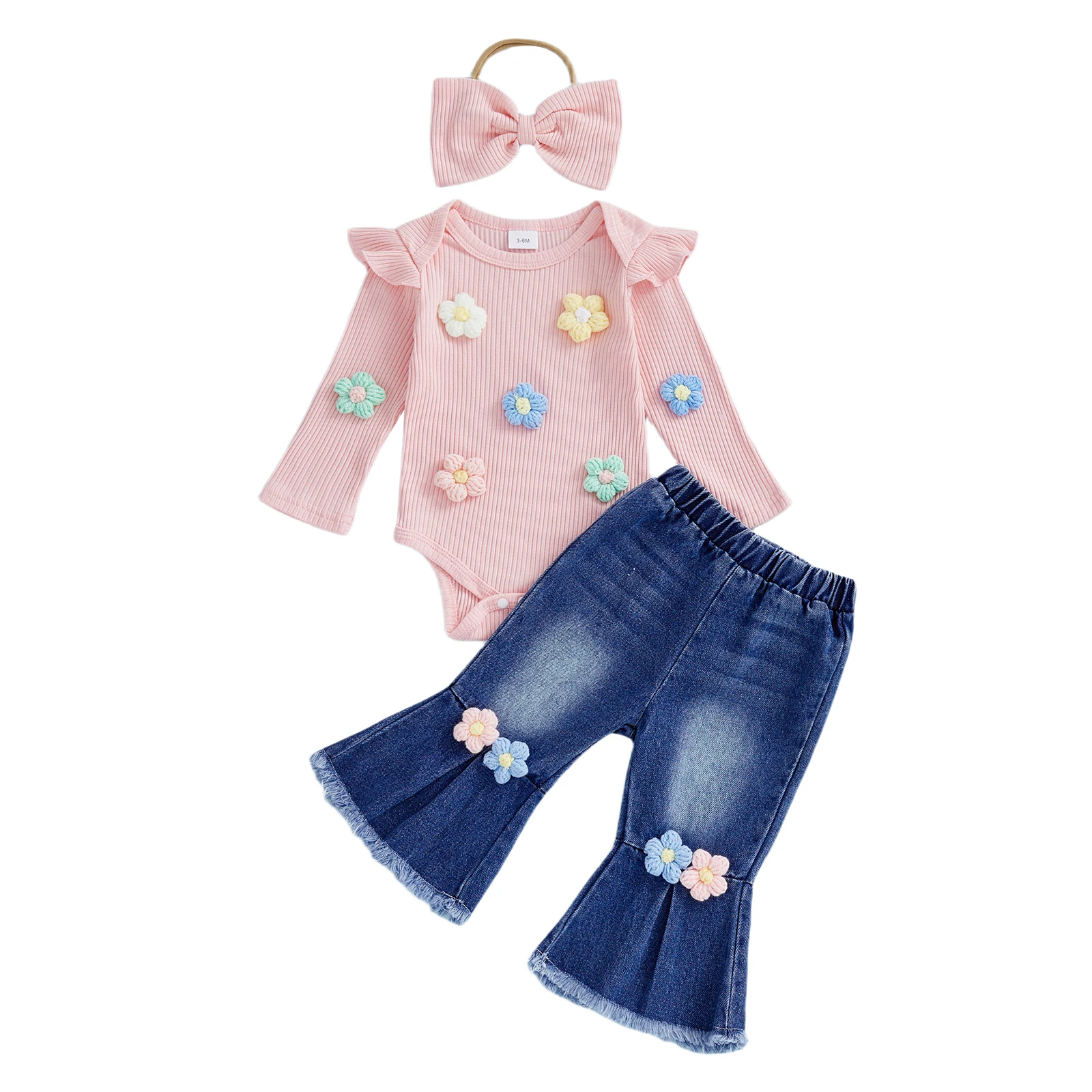 

Baby Girl Fall Outfits Crochet Flower Long Sleeve Romper with Jean Flare Pants and Bow Headband 3 Pcs Set