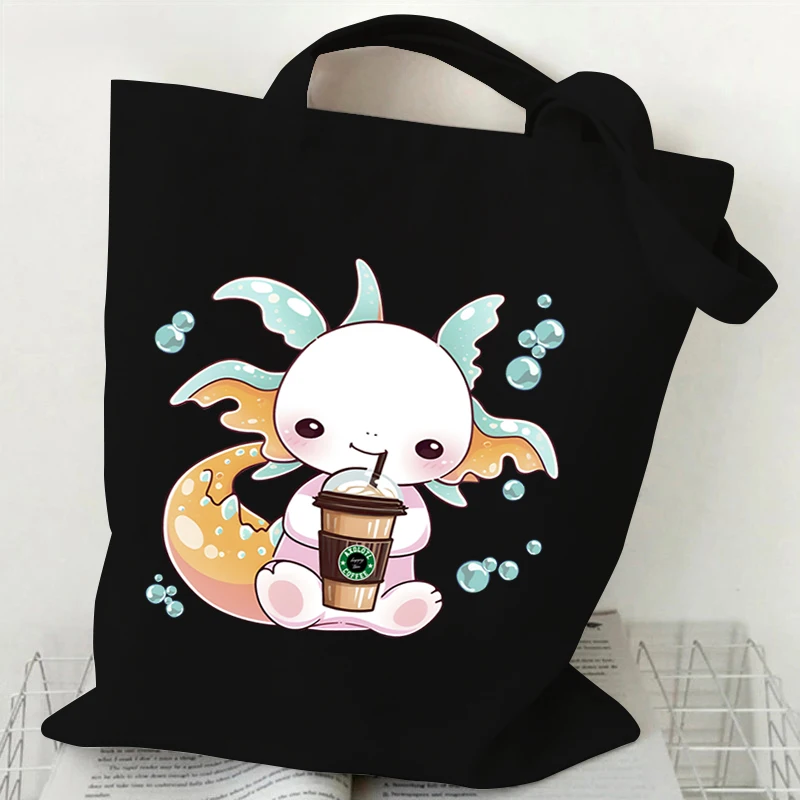 New Axolotl Series Women Tote Bags Cute Ramen Axolotl Print Canvas Eco Handbag High Capacity Harajuku Fashion Teen Shoulder Bag