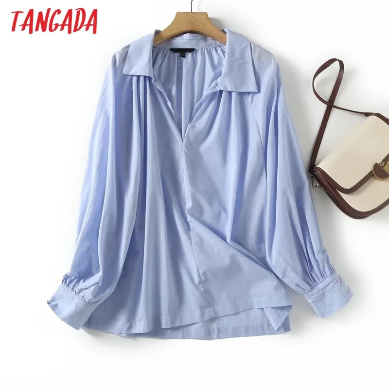 Tangada 2023 Women Blue Oversized Shirt Long Sleeve Female Loose Blouse Tops 4C345