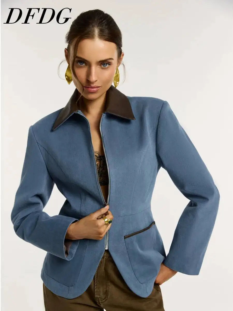 

DFDG Women 2026 Spring Autumn Contrast Leather Collar Blazer Full Zip Front Fitted Waist Patch Pocket Structured Office Jacket