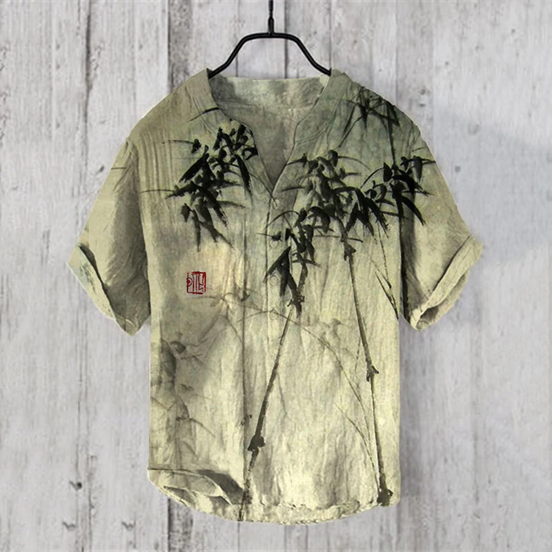 Henry Shirt - Men's short sleeved casual T-shirt, daily casual clothing top, bamboo patterned printed clothing, size s to 5XL