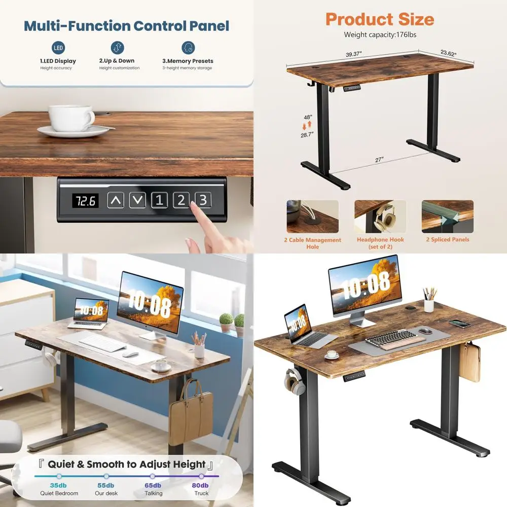 

Adjustable Height Electric Standing Desk, 40x24 Rustic Spliced Wood Top, 3 Memory Settings, Metal Frame for Home Office