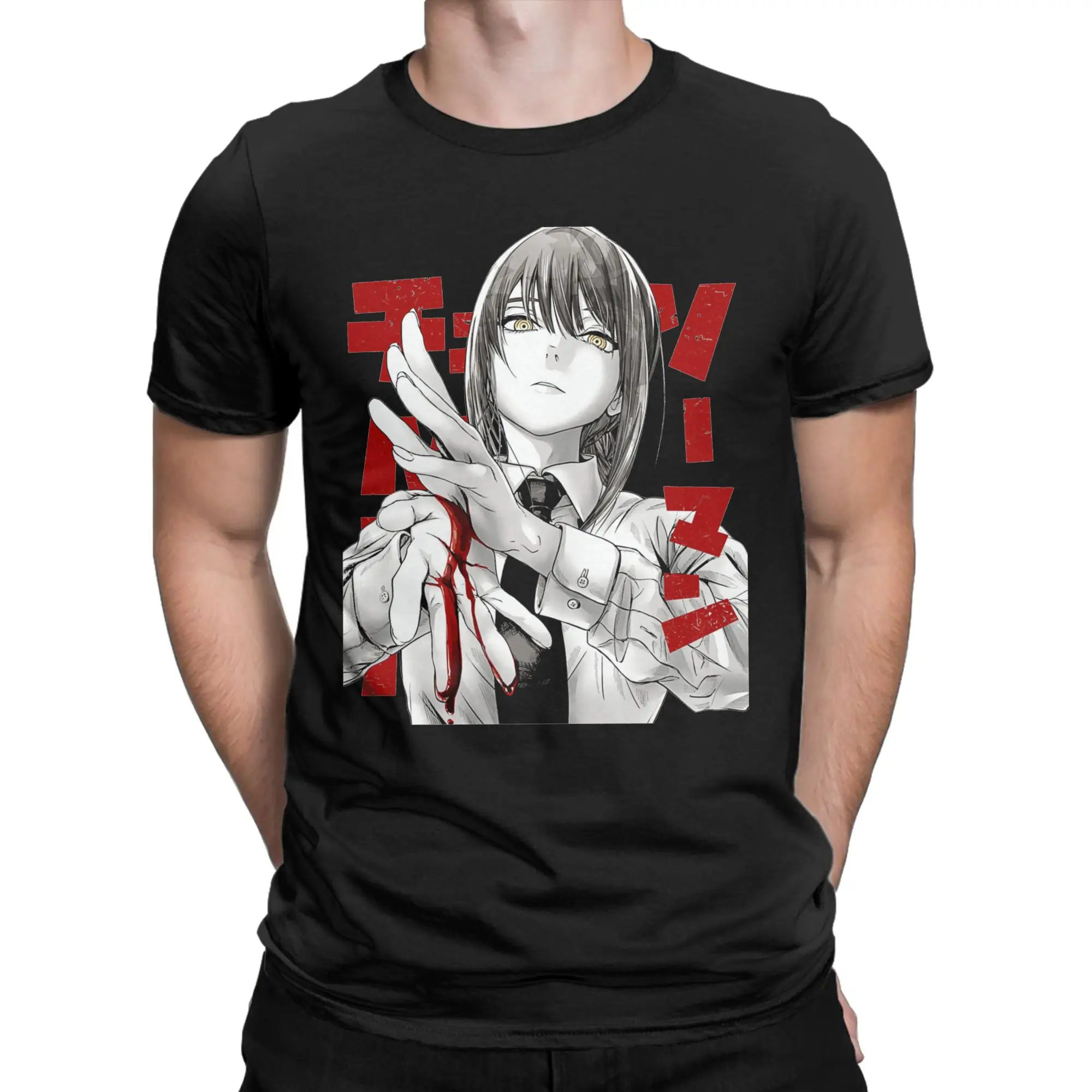Streetwear Chainsaws Man Makima T-Shirt Herren Rundhals Kurzarm Tops Shirts Japanische Anime Baumwolle Sommer Top T-Shirt – Detail 3