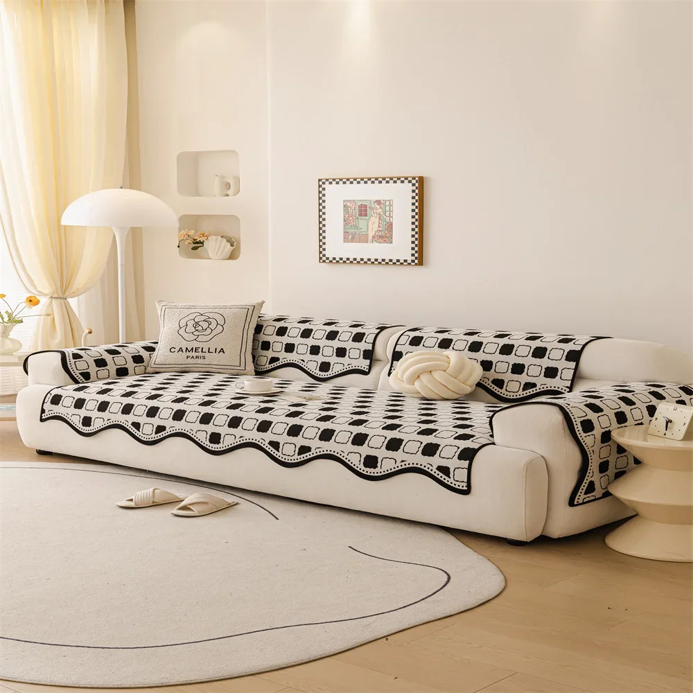 Vintage High-end Straight Sofa Cushion Autumn and Winter Plush Leather Sofa Special Cushion Fixed Anti-slip Cover Cover Cloth