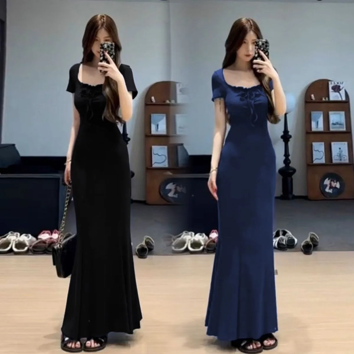 Elegancka czarna francuska sukienka bodycon damska, podkreślająca talię, syreni krój maxi do kostek, jesienna, szykowna, modelująca sylwetkę długa sukienka.