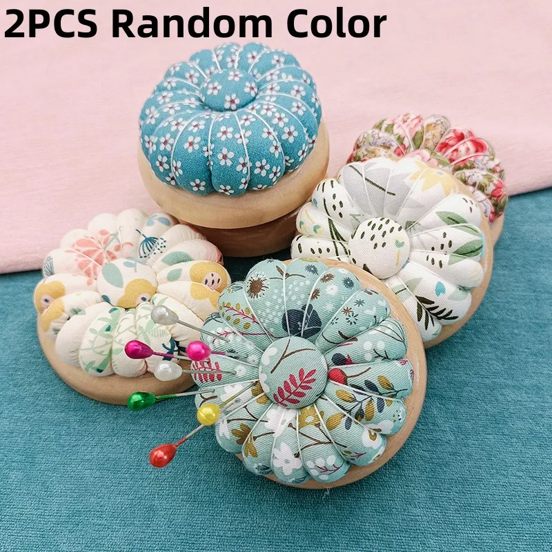 2X Color Random Wooden Bottom Pin Cushion Magnetic Wrist Pumpkin Pin Bag Sewing Bag Needle Pillow Handmade DIY Cross Stitch Tool