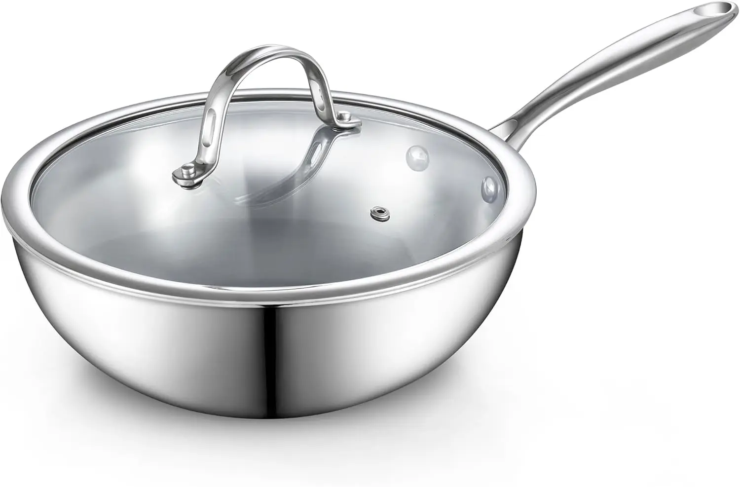

10.5 Inch Stainless Steel Wok with Lid, Induction Compatible, Multi-Ply Clad for Even Heating