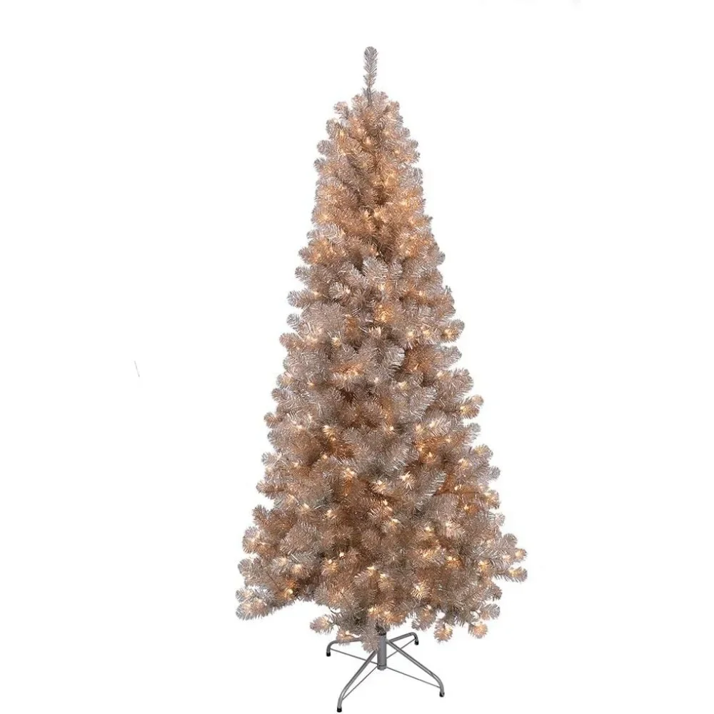 6.5 Foot Pre-Lit Rose Gold Tinsel Artificial Christmas Tree with 300 UL-Listed Clear Lights