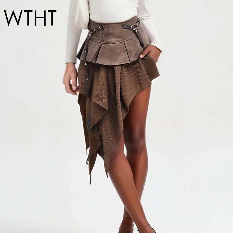 

WTHT Vintage Spliced Fake Suede Pleated Mini Skirts For Women 2025 Autumn Fashion High Waist A-line Skirt Female 1LS2443