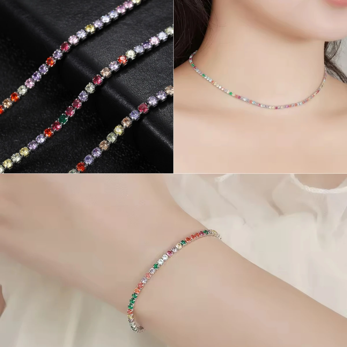 

4mm Rainbow Zircon Bracelet/Necklace 925 Sterling Silver Tennis Chain for Women Girls Fine Jewelry Fashion Birthday Gift