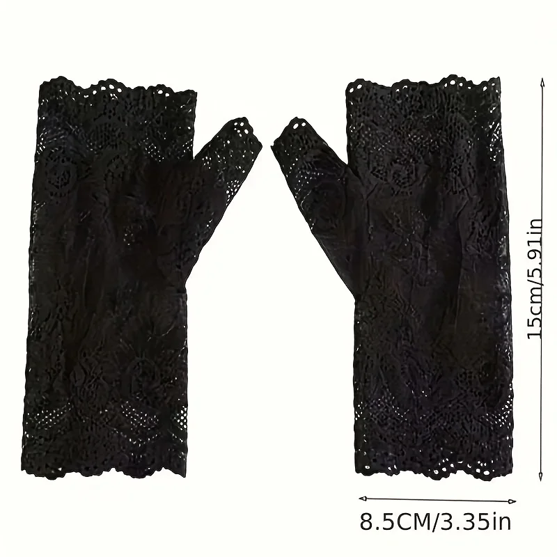 レースの女性用ハーフフィンガーグローブ |   セミフィンガーレス、日焼け防止、黒の花柄、アウトドア活動に適したストレッチフィット、レースアップ