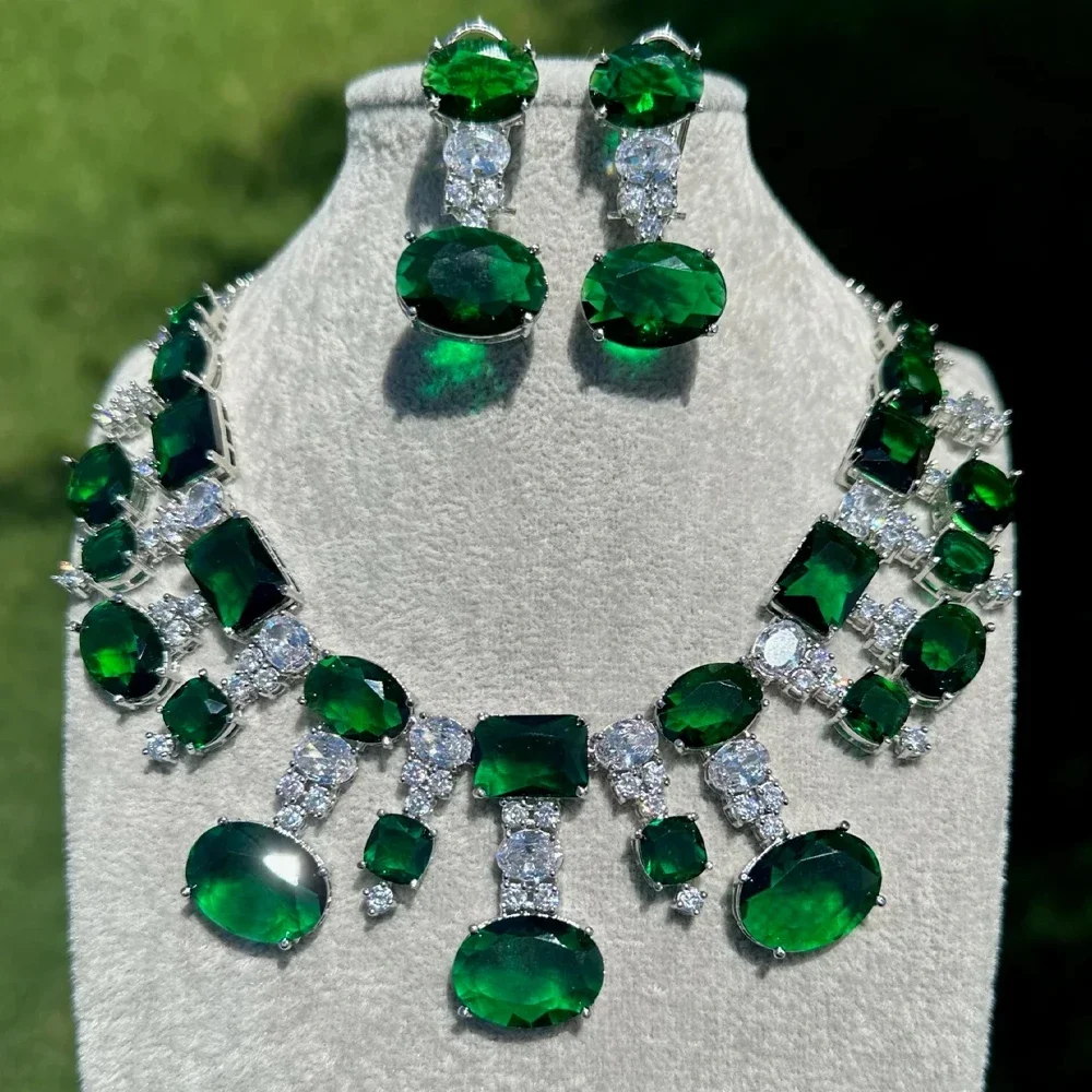 

Большой овальный комплект ювелирных изделий с зелеными стразами, аксессуары для свадебного платья, роскошное свадебное ожерелье с кисточками, серьги, комплект для женщин