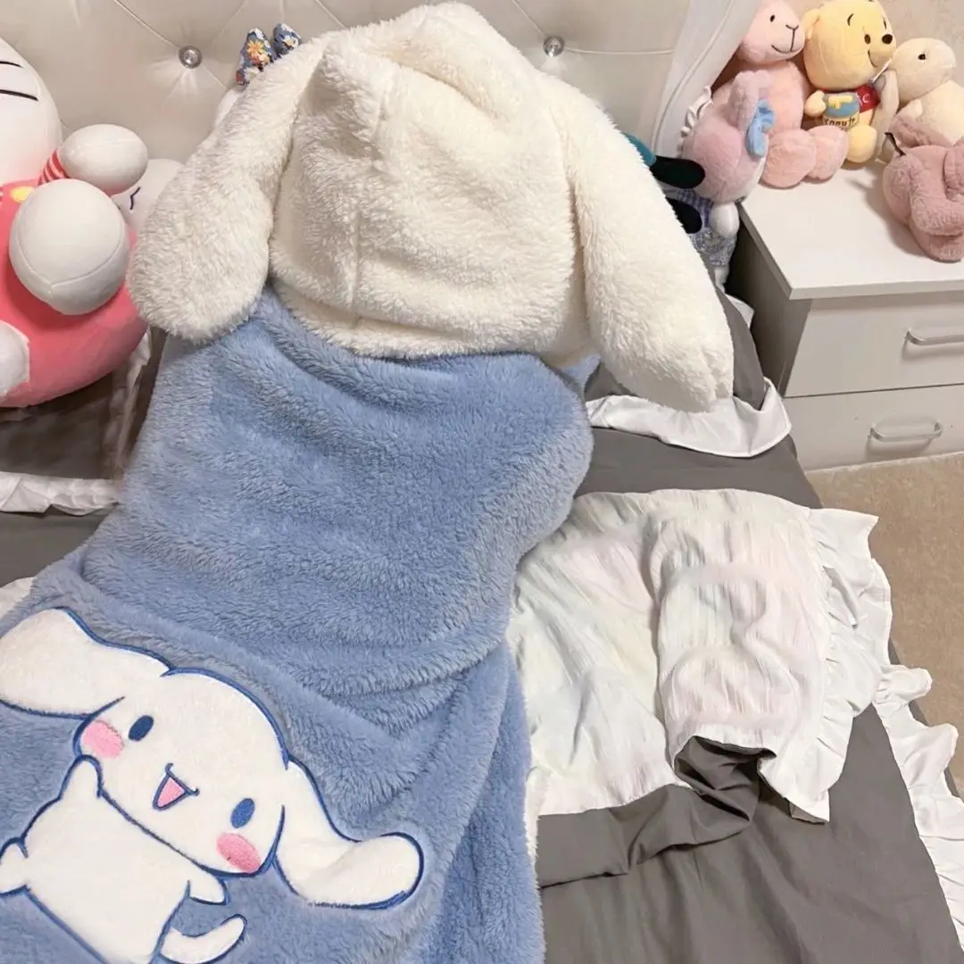 Sanrios Cinnamoroll Pajamas Hooded 2 Pcs Pajama Sets for Women Zipper Warm Cotton Plush Nightgown Thickened Winter Soft Homewear