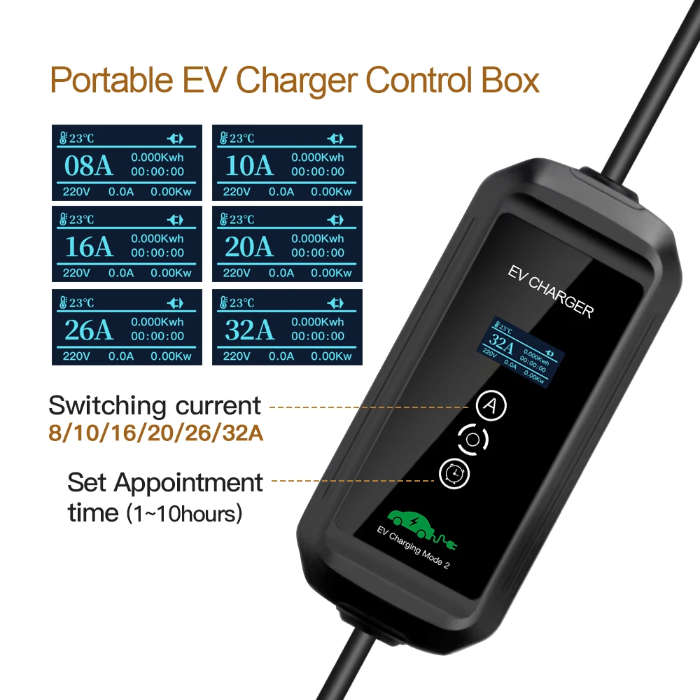 ERDAN Portable EV Charger Wallbox Type2 Cable 32A 7KW Single Phase With CEE Plug EVSE for Electric Vehicle