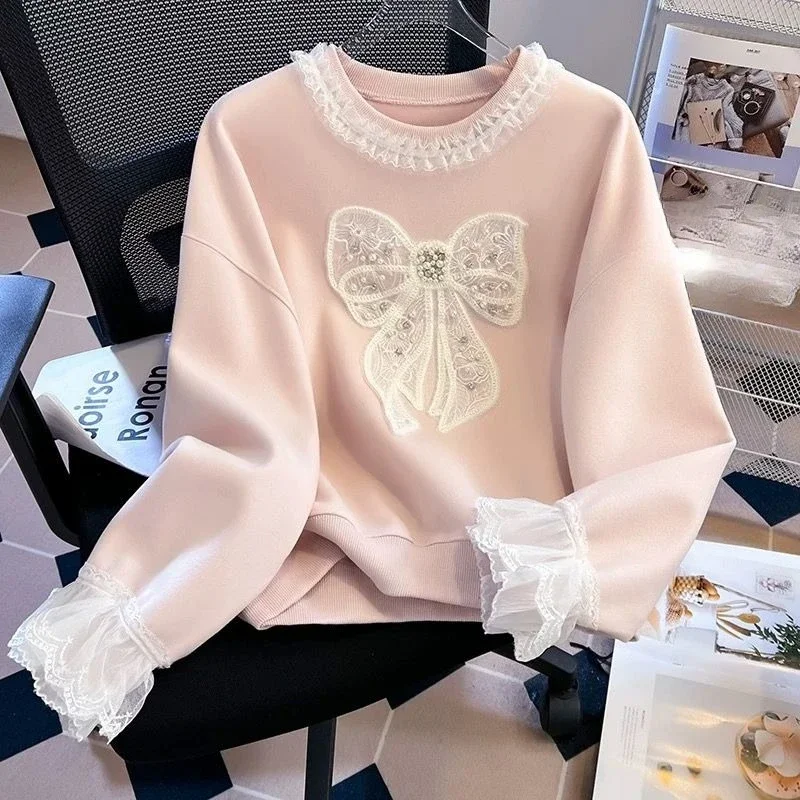 2026 Spring Girls Lace Bow Sweatshirt Crew Neck Long Sleeve Loose Trendy Top