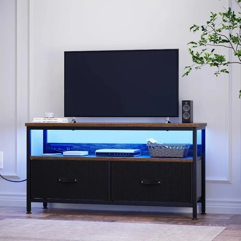 ^39" TV Stand for TVs up to 50", Media Console with Charging Station & LED Lights, 2 Drawer Storage Chest, Gaming Entertainment