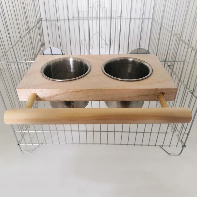 Parrot Feeder Perch for Cage Hanging Bird Feeders with Stainless Steel Water Bowl Feeding Cups with Perch Platform