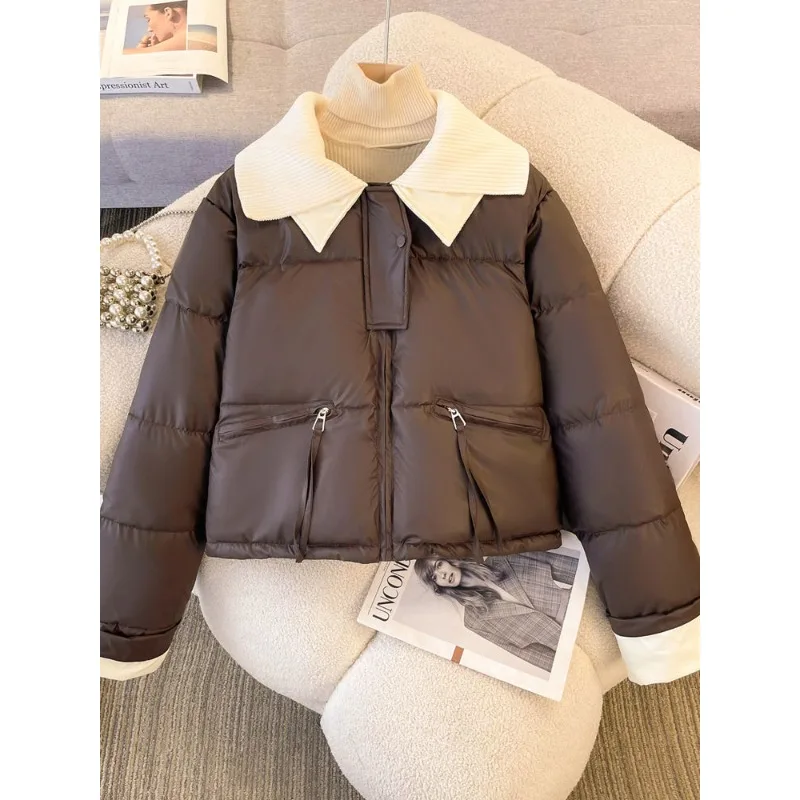 Women's New Style Knitted Turn-down Collar Short Style Down Jacket Winter Cotton Jacket Thickened Warm Cotton Coat Outerwear