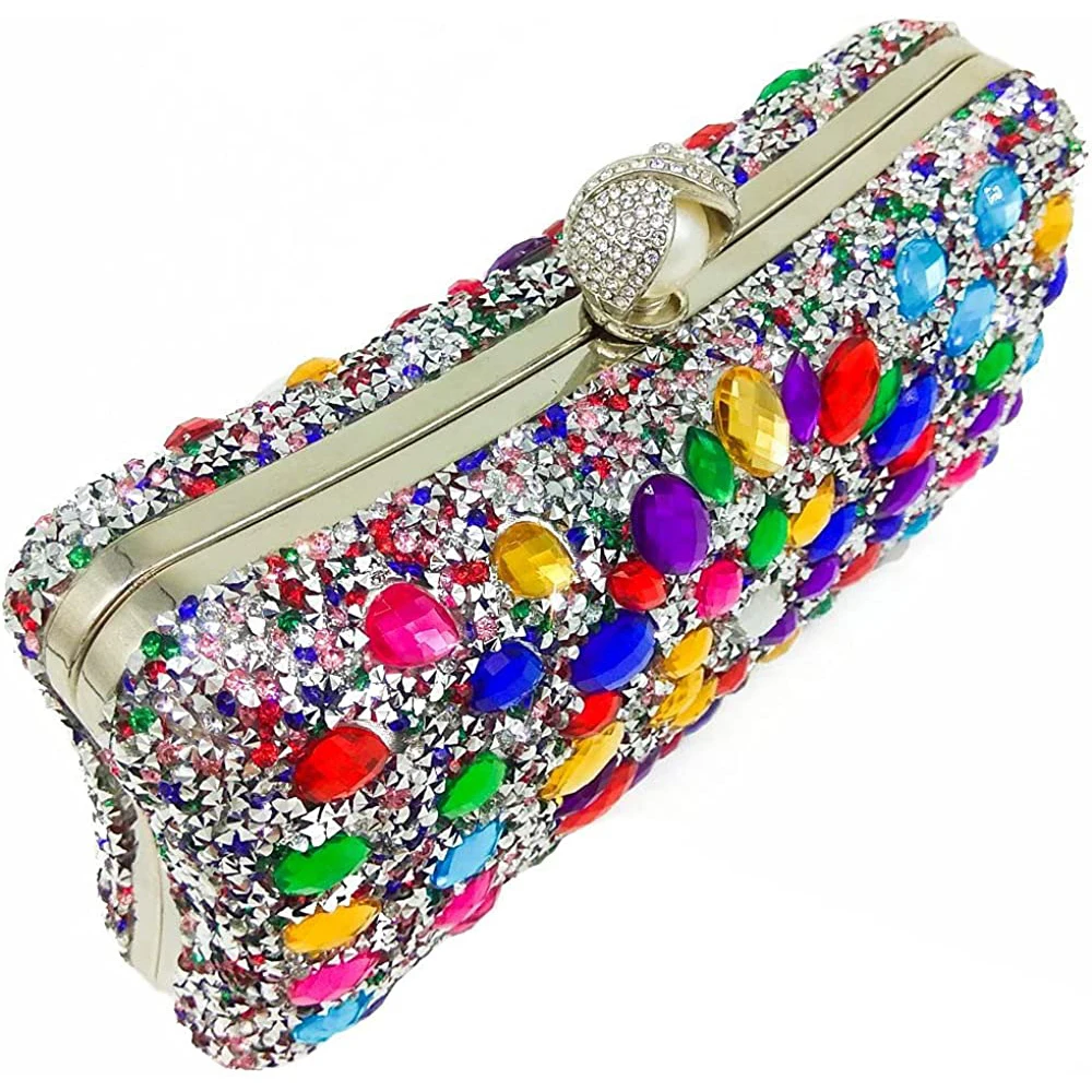 Bolso de mano Multicolor con diamantes de imitación para mujer, Cartera de noche con perlas, brillante, para boda y graduación