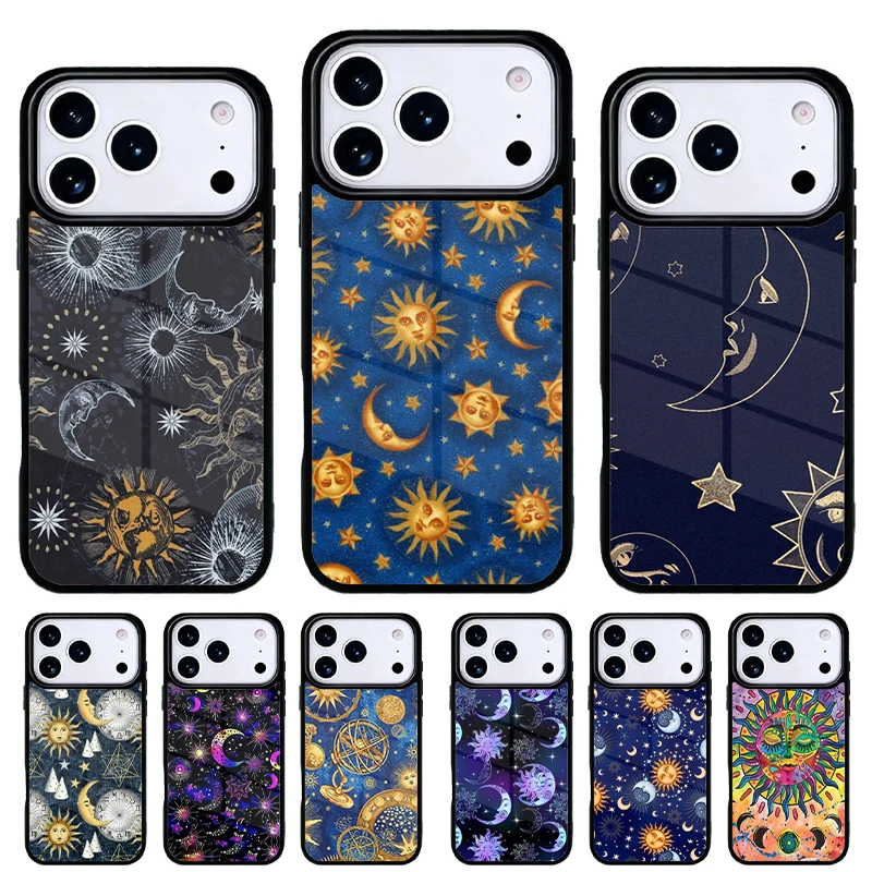 Funda de teléfono iPhone con diseño sol, luna y estrellas