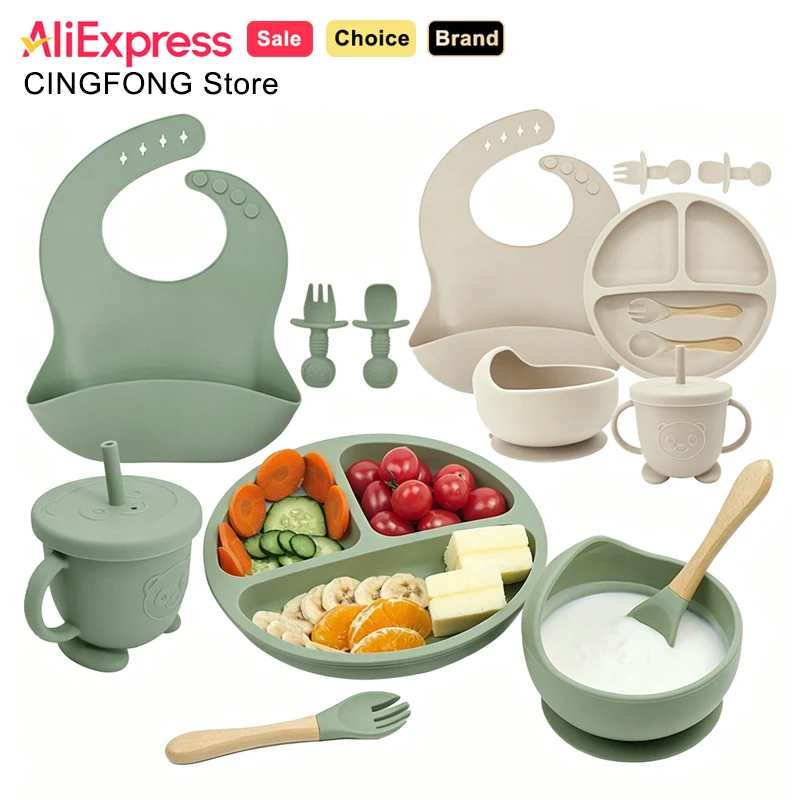 

5 6 8Pcs Silicone Baby Feeding Set Toddler Weaning Kit with Bib Divided Plate Suction Bowl Sippy Cup Dual Utensils for 6+ Months