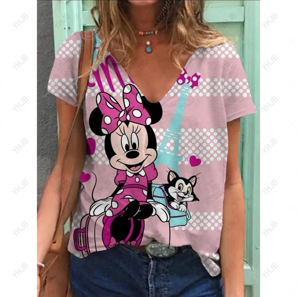 Disney donna 3D Topolino Tee moda scollo a V estate manica corta allentata streetwear abiti femminili maglietta casual da donna ﻿