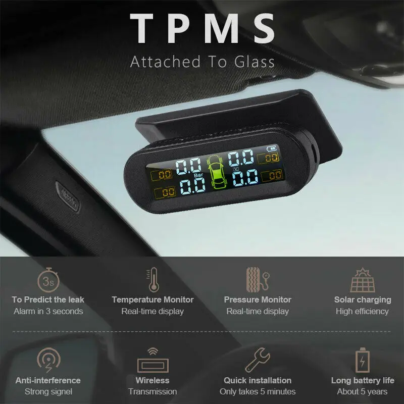 【AC77 Top !! 】Solar Wireless USB TPMS Car Tire Pressure Monitor System HD LCD Display 4 External Sensor Tire Pressure Temperatur