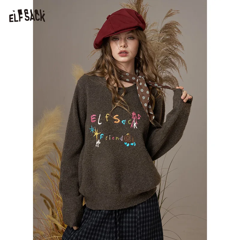 

ELFSACK 2025 Winter New Arrivals Casual Colorful Logo Letter Embroidery Round Neck Sweater For Woman