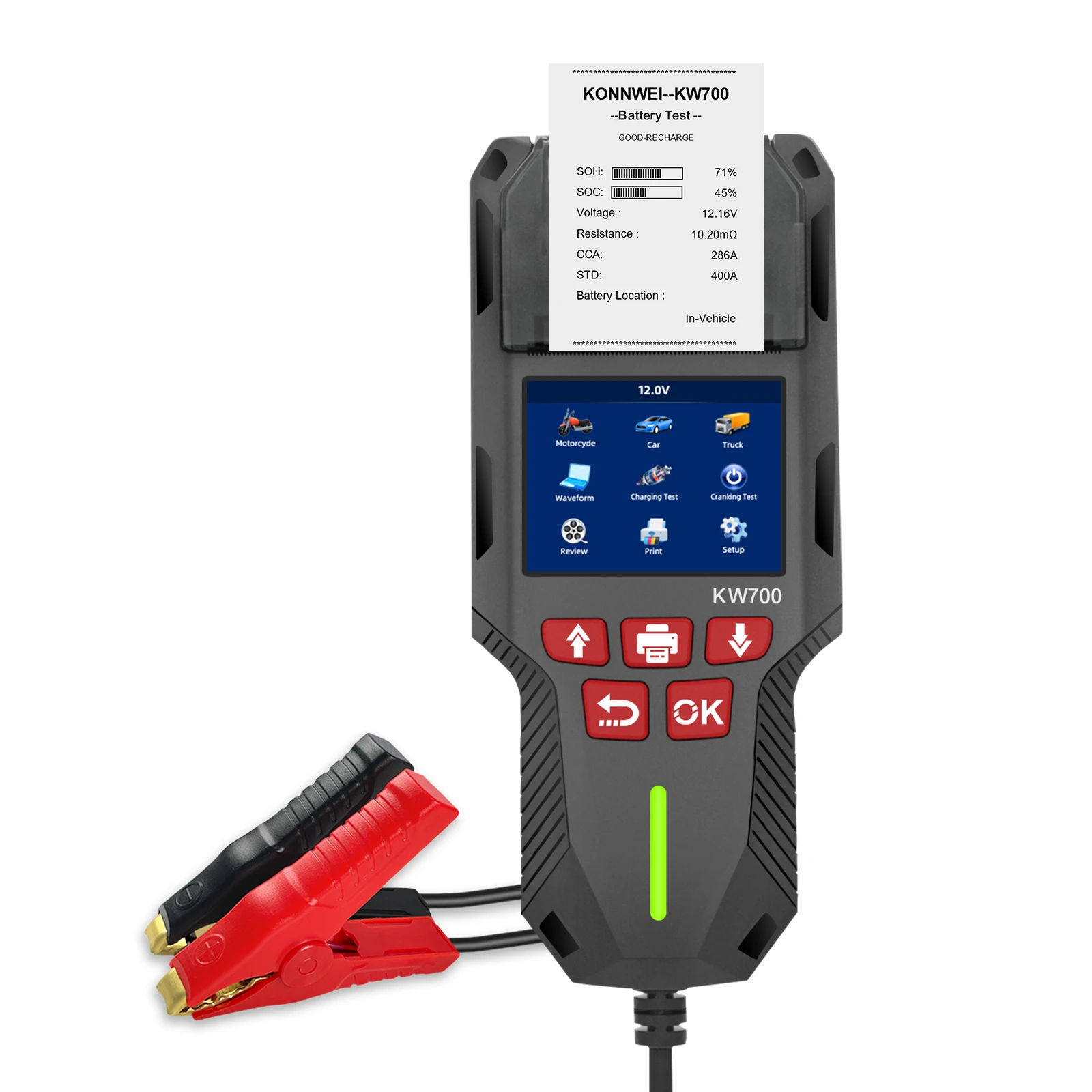 

KONNWEI KW700 12V-24V Car Truck Lead-acid Battery Tester with Printer to Check Voltage Internal Resistance with Multi-language