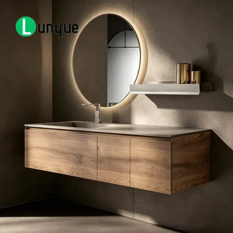Gray Stone Countertop Wall Mounted Floating Bathroom Sink Wood Textured Cabinet With LED Round Mirror Modern Vanity Set
