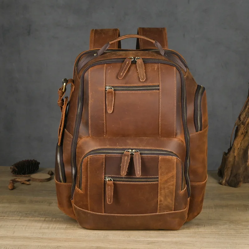 

LD-Crazy Horse Leather 15.6-inch Shoulder Bag for Men, Large Capacity Multi Functional Backpack, Retro Genuine Leather Men's Bag