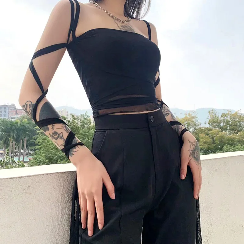 New Fashion Women Black Mesh Lace Up Bandage Crop Top Fairy Grunge Aesthetic Clothes Cyber Y2k Mall Goth Tanks Sexy Clothing