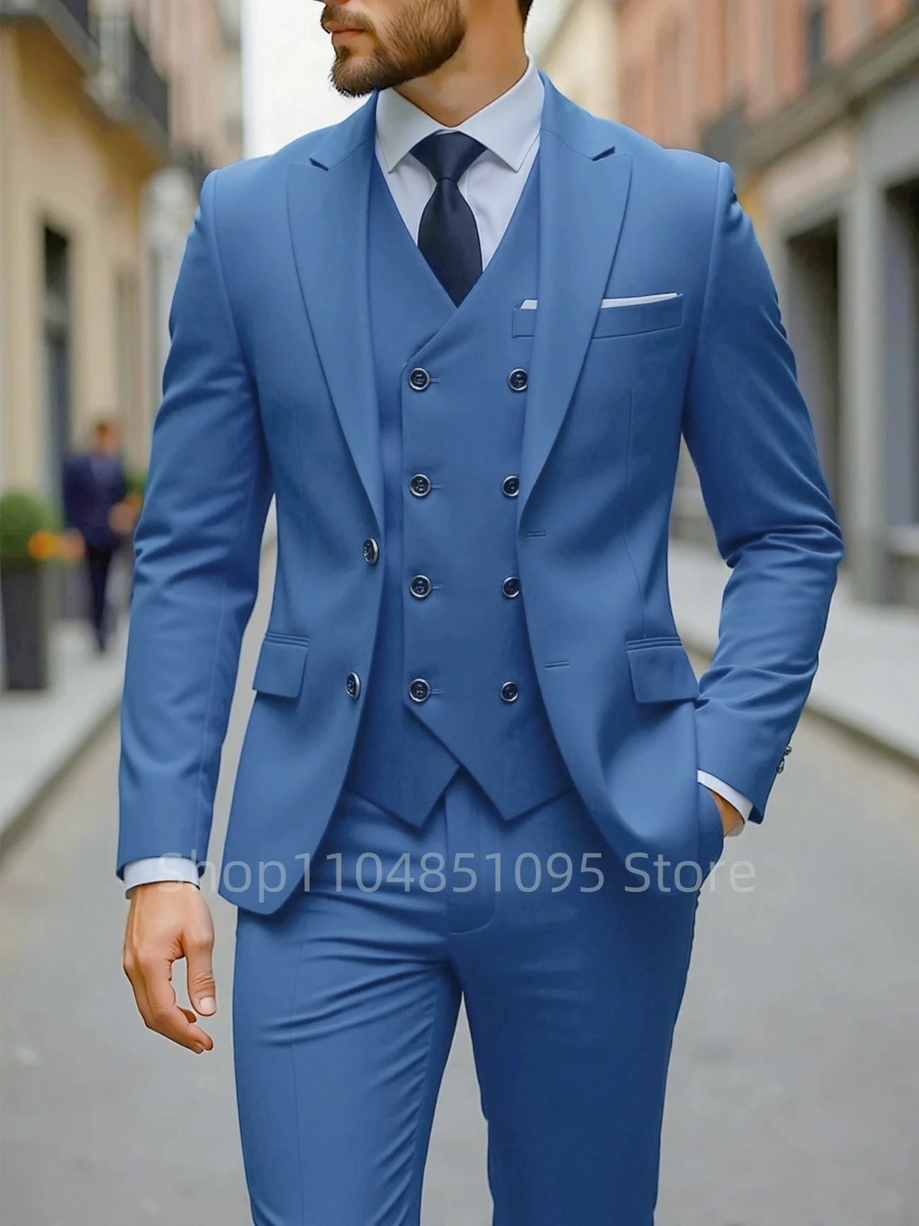 

Solid Business Mens Suits Wedding Tuxedos Fashion Groom Outfit Slim Fit Peaked Lapel Prom Party Mens Suits(Jacket+Vest+Pants)