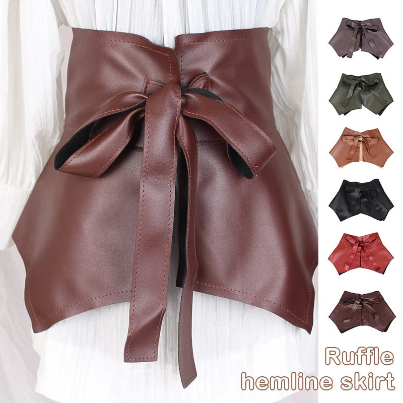 Women Sexy Mini Skirt Waistband PU Leather Wide Corset Belt Ruffled Skirt Design Waist Belt Bow Knot Dress Decor Accessories