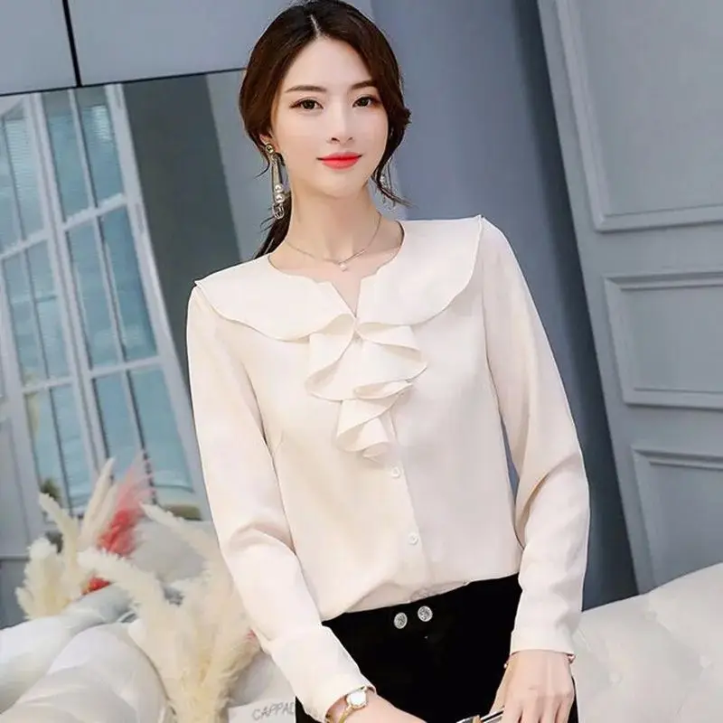 

Korean Sle Chiffon irt for Women Office Wear Spring Summer Faion Cleanfit A-Line Sve ort Sve Thin Polyester