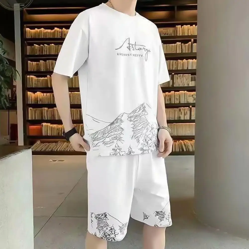 O-neck Short Sleeve Elastic Waist Casual Outfit Mountain Print Loose T-shirt Shorts Sport Suit Running Set