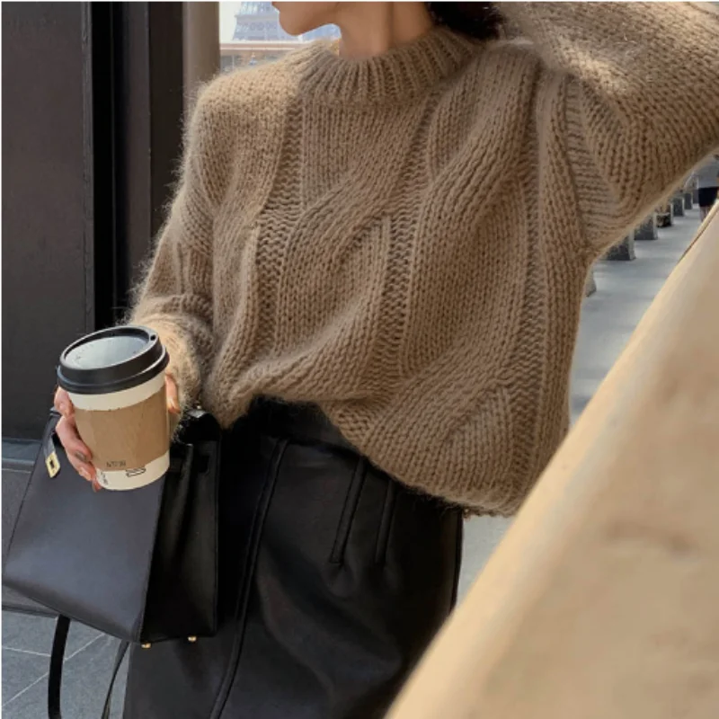 

Lazy Style Twist Sweater for Women Autumn Winter Thick Warm Loose Knitted Pullover Vintage Streetwear Knit Jumper Tops