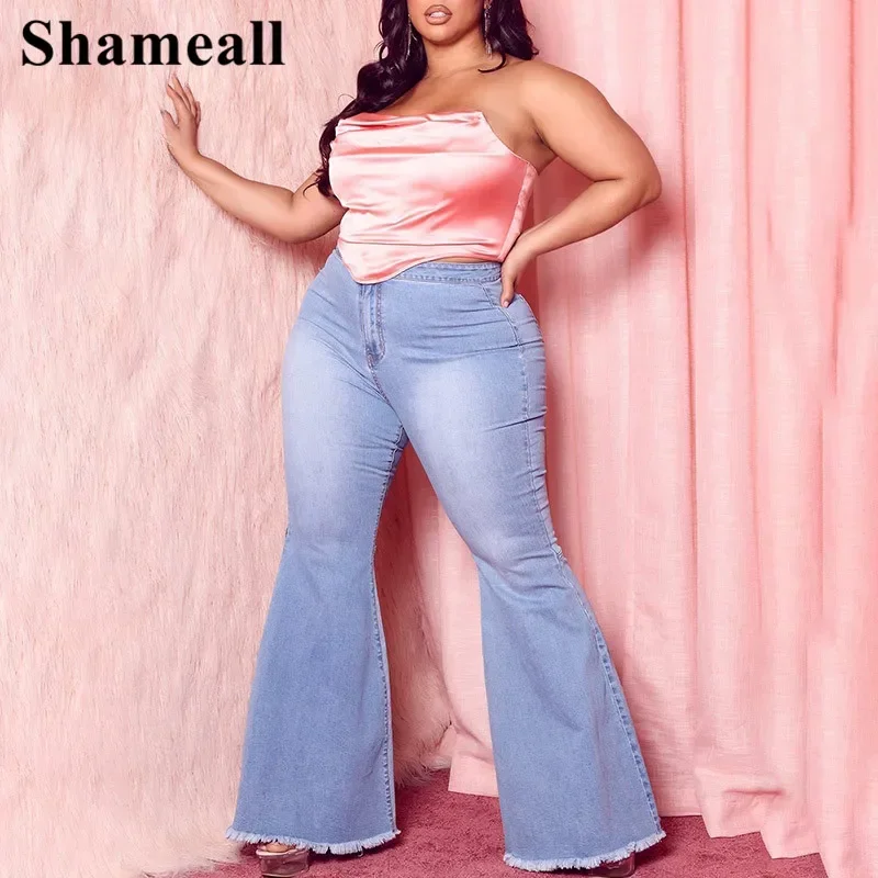 Plus size cintura alta emendado queimado jeans mãe 4xl feminino confortável elástico apertado franja hem calças de perna larga feminino sino inferior