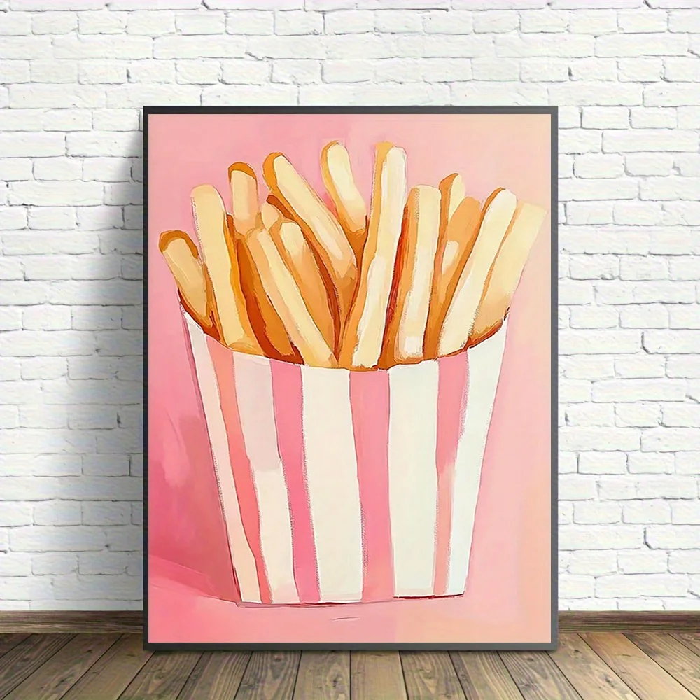 2D Flat, [2D Flat] 1pc 12.0x16.0inch Pink French Fries Canvas Art Print - Vintage Kitchen Decor, Unframed Whimsical Wall Art