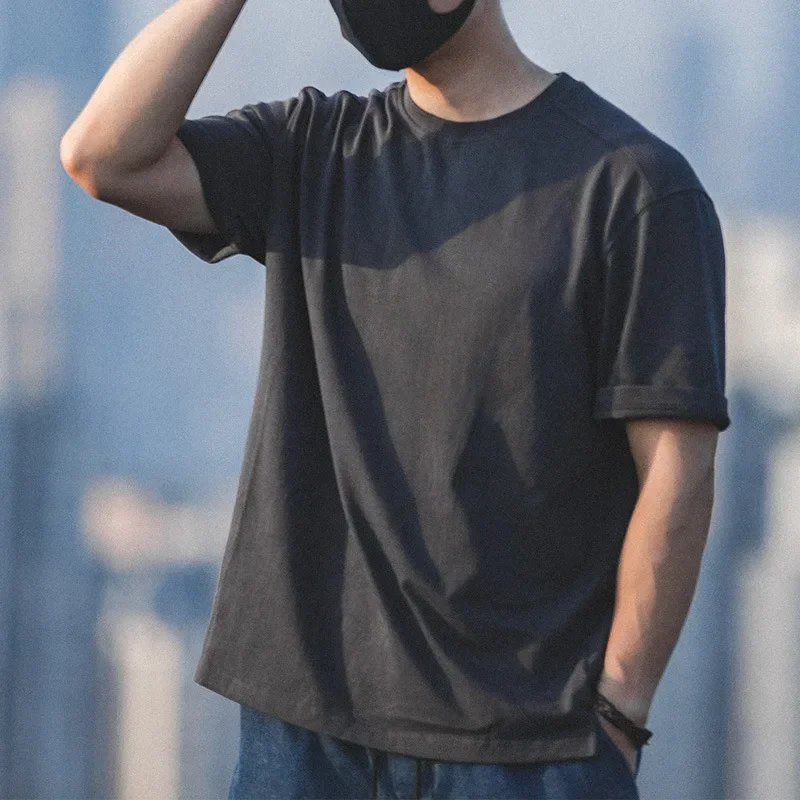 

Maden Men's Cotton Short Sleeve T-Shirts Solid Color Loose Fit O-Neck Tees Dark Gray Casual Classical Tops for Summer