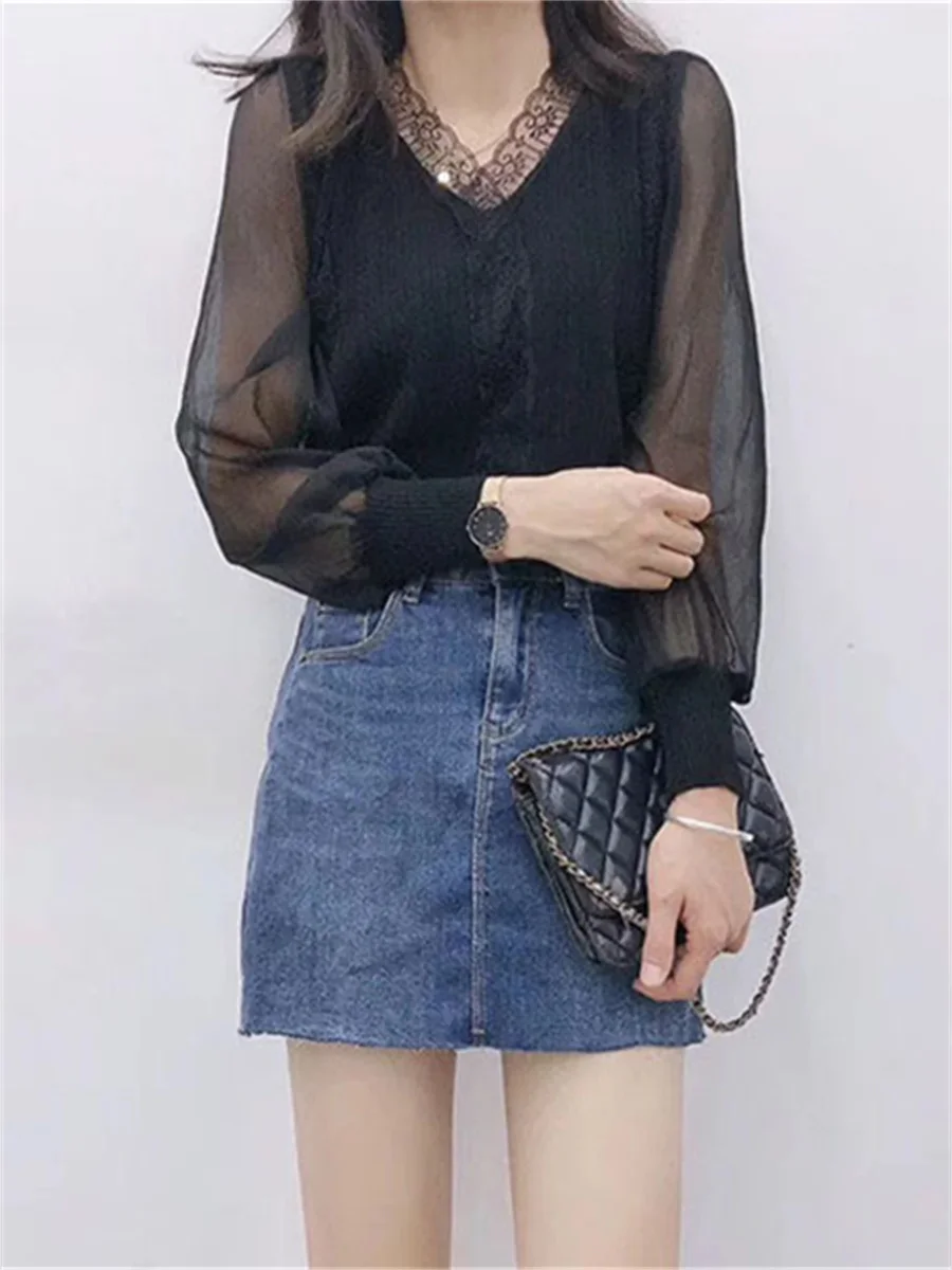 Women Spring Autumn Style Blouses Tops Lady Casual Long Sleeve V-Neck Lace Blusas Tops