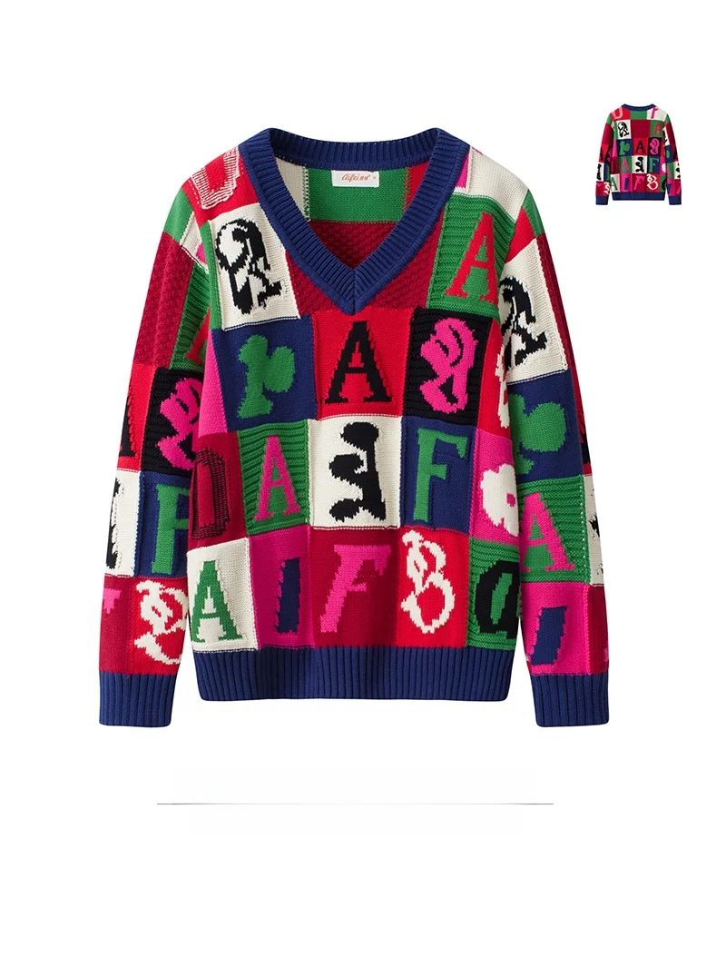 

Thiened Pure Cotton V-Ne Spliced Knitted Sweater Women's Pullover Sweater Casual Loose Fit Long Sve Regular Length