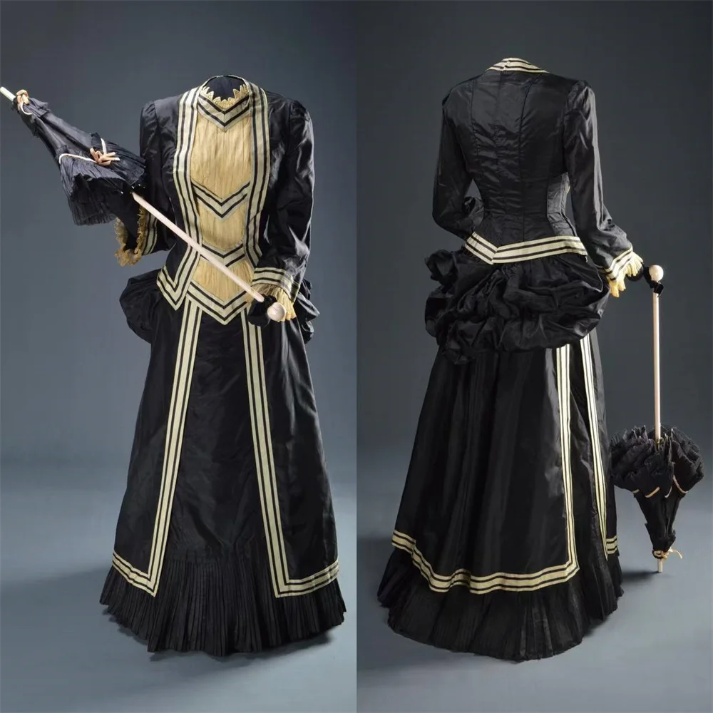 ساراتوجا جذع كليو دولين تأثيري حلي سوداء فستان الحداد الفيكتوري مسرح الكرة ثوب هالوين الزي