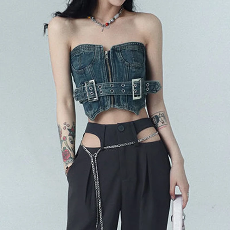 Retro girl star belt double breasted hollow out punk belt ins trend  womens cute  sexy Denim Cotton Casual corset top