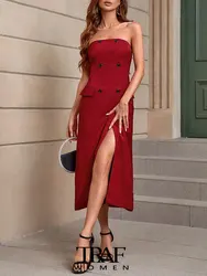 TRAF Women Fashion With Button Front Slit Midi Dress Sexy Strapless Back Zipper Female Dresses Vestidos Mujer